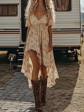 Boho Cream Floral High-Low Dress with Flutter Sleeves. NWOT Size Large